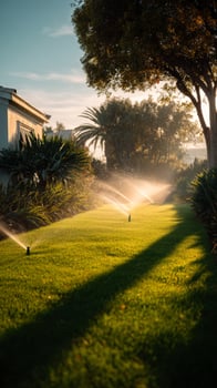 Sprinkler Watering a Lush Green Lawn Near a Charming House During Golden Hour. photo