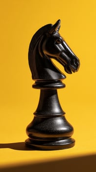 Black Chess Knight Piece on Vibrant Yellow Background Showcasing Unique Design and Shadow Details. photo