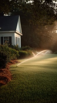 Sprinkler Watering a Lush Green Lawn Near a Charming House During Golden Hour photo