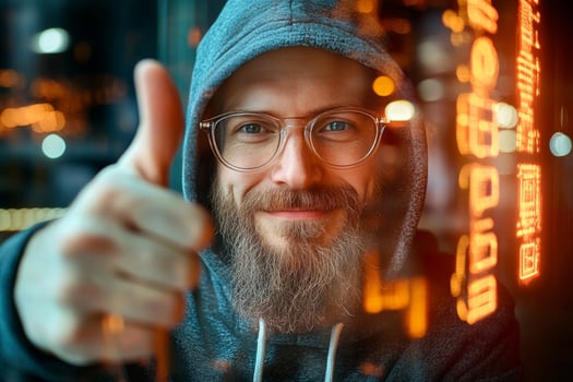 Man in Hoodie Gives Thumbs up in Urban Setting With Glowing Lights at Nighttime photo