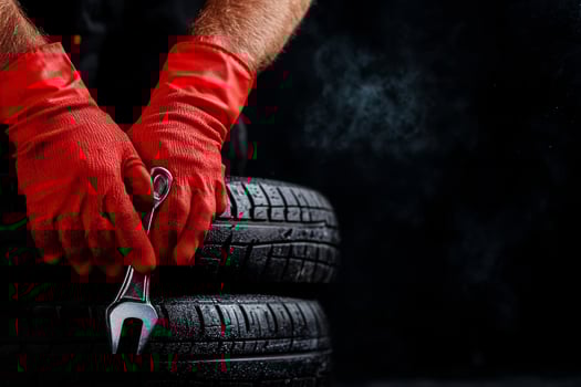 Car Mechanic Working on Tires With Gloves and a Wrench in Workshop at Night photo
