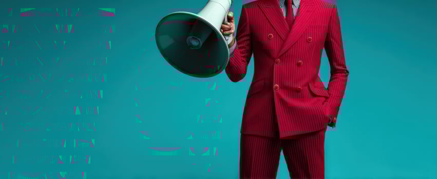 The confident man in a striking red suit holding a megaphone. photo