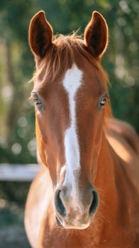 Beautiful Chestnut Horse Close-Up in a Serene Forest Setting During Autumn. photo