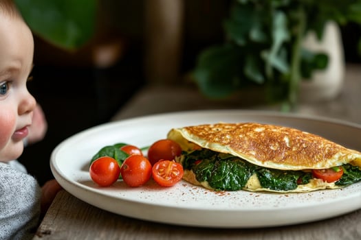 Baby Enjoys Healthy Spinach and Tomato Omelet for Breakfast in Cozy Indoor Setting photo