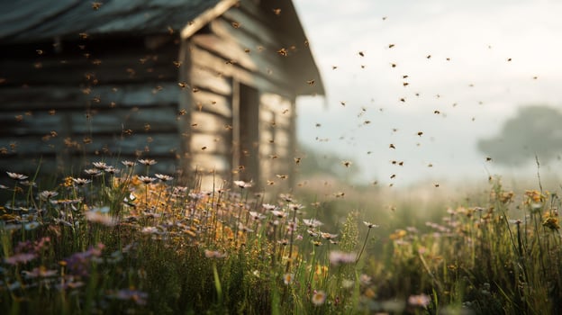 Bees Pollinate Vibrant Flowers Near a Rustic Wooden Cabin in a Sunny Meadow. photo