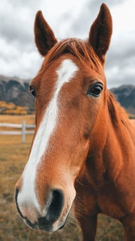 Close-up View of a Brown Horse With White Stripe in a Mountain Valley Setting photo