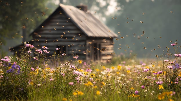 Bees Pollinate Vibrant Flowers Near a Rustic Wooden Cabin in a Sunny Meadow photo