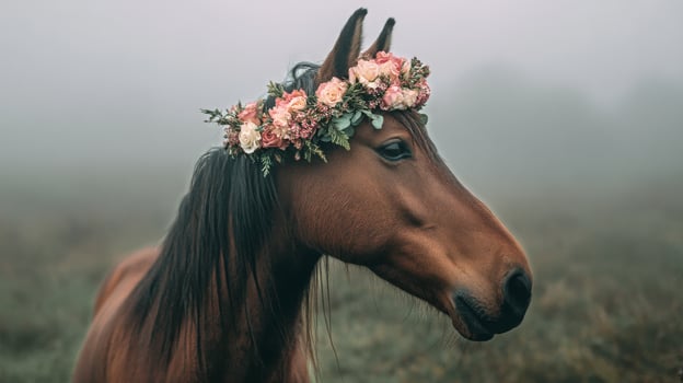 Horse With a Floral Crown in a Misty Meadow at Dawn With Soft Lighting. photo