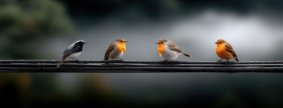 Four birds sitting on a wire with a blurry background photo