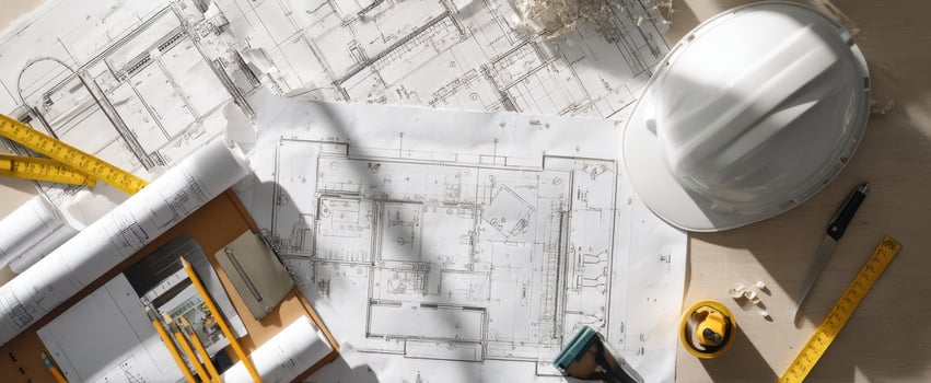 The detailed architectural plans and tools for modern construction projects. photo