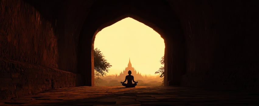 The silhouette of a meditator framed by an ancient archway at sunset photo