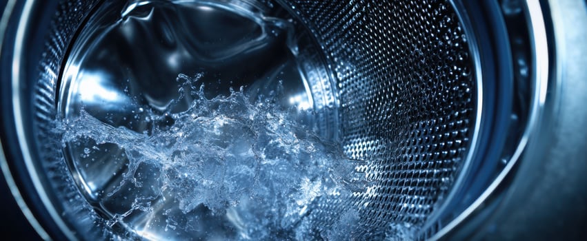 The washing machine displaying a dynamic water splash in its interior. photo