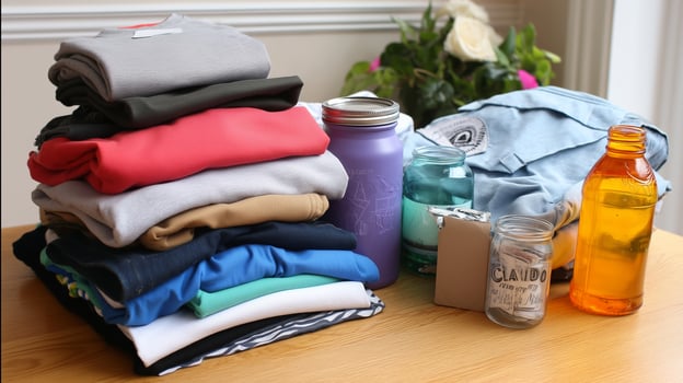 Clothing and jars organized on a wooden table with greenery in the background during daylight photo