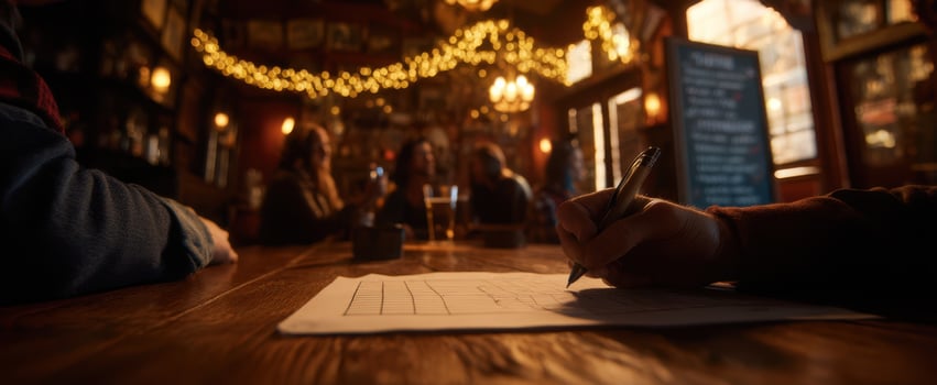 The cozy bar scene with friends enjoying drinks and creative writing activities. photo