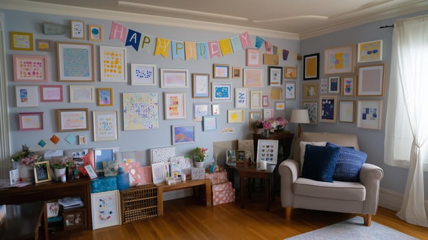 Colorful art display fills living room wall for a special celebration with cheerful decor and inviting atmosphere photo