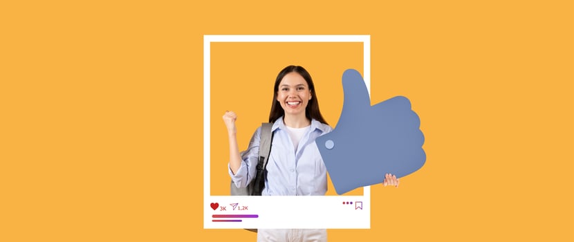 A cheerful influencer with long hair gives a thumbs up while standing in front of a vibrant yellow background. She is excited about sharing content online, encouraging engagement from followers. photo