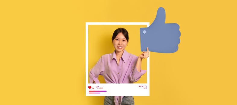 A smiling influencer is posing with a thumbs up gesture, framed within a playful social media template. The vibrant yellow backdrop enhances her cheerful demeanor, perfect for online engagement. photo