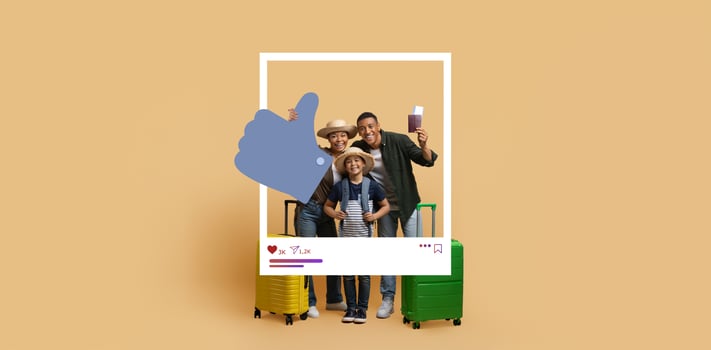 A cheerful family poses together with colorful luggage, giving a thumbs up while enjoying their travel adventure. photo