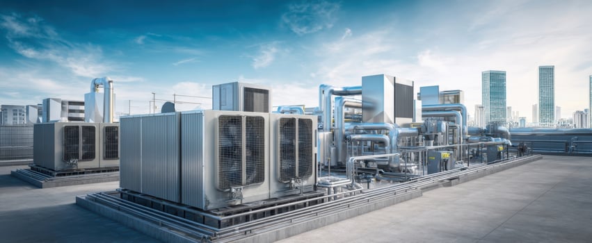 The industrial cooling systems on a rooftop against a vibrant city skyline photo