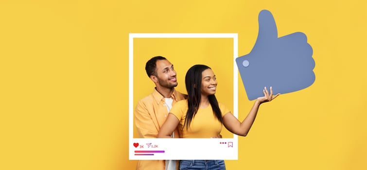 Two individuals express joy and connection, standing together against a vibrant yellow backdrop. They display enthusiasm and engagement, symbolizing social media interactions. photo