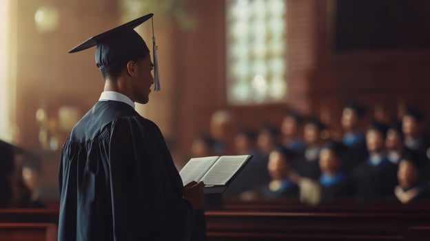 A graduating student's solemn moment in a church. photo