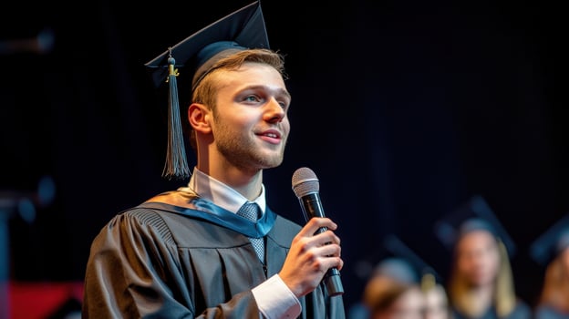 A young graduate delivers a speech at commencement. photo
