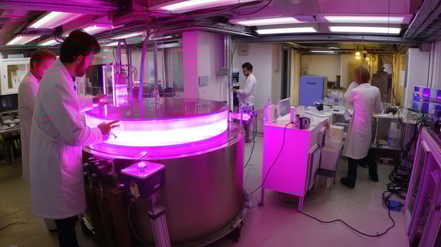 Research lab featuring scientists conducting experiments with advanced illumination in a modern facility during the day photo
