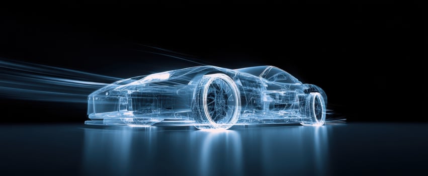 The futuristic car design illuminated by vibrant light trails in a digital world. photo