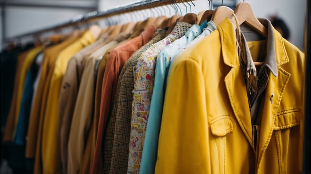 Colorful vintage coats hanging in a boutique showcasing timeless fashion styles from various eras in a vibrant retail environment photo