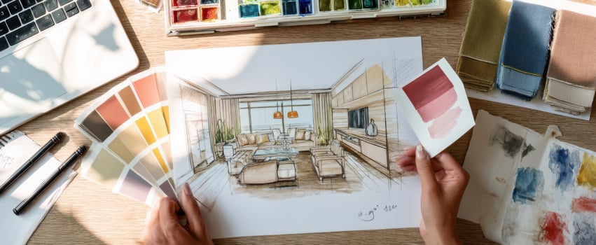 The creative illustration of a modern interior design workspace and color palette. photo