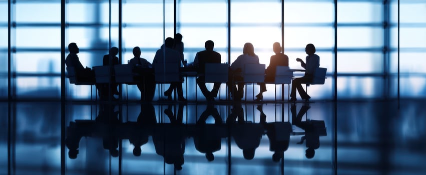The silhouettes of professionals in a corporate meeting against a glass backdrop. photo