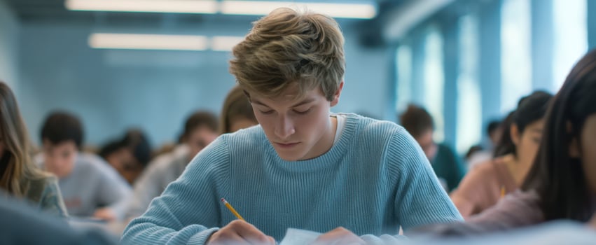 The student focused on writing during an academic examination in a classroom setting. photo