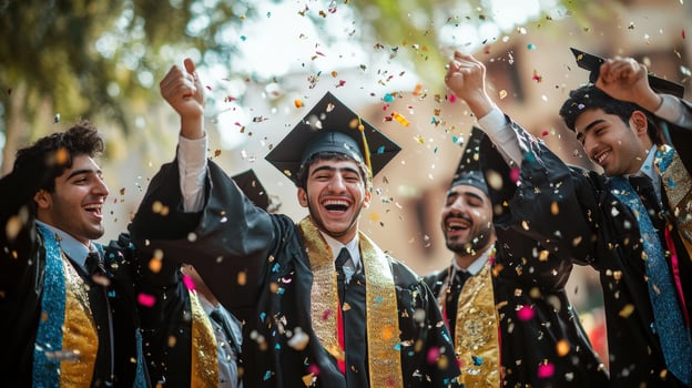 Celebratory graduation day scene of diverse young adults. photo