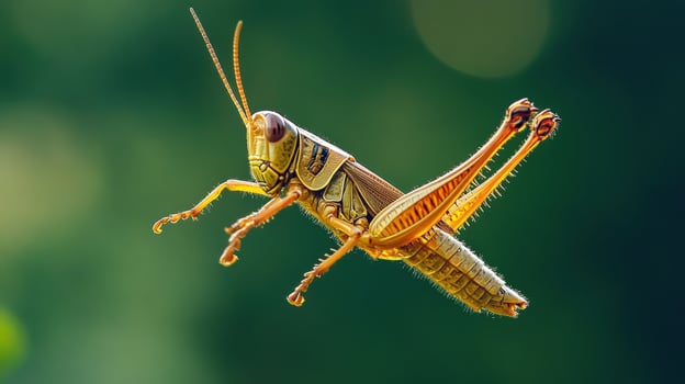 Close-up view of a grasshopper in mid-flight. photo