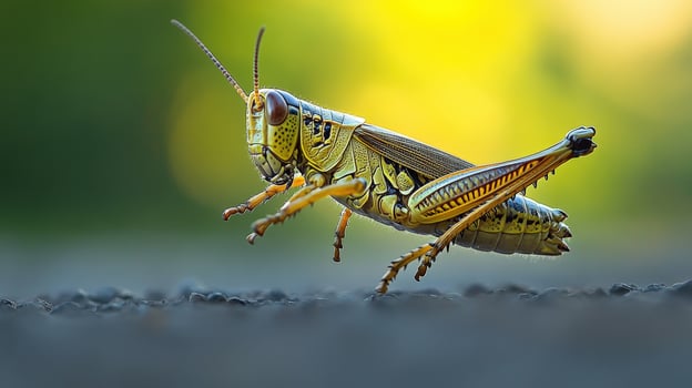 Close-up of a grasshopper in motion against a blurred backdrop. photo