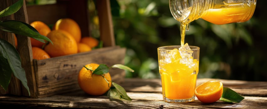 The refreshing orange juice garnished with ice in a sunny garden setting. photo