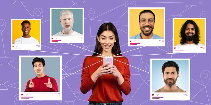 A group of diverse individuals appears on colorful backgrounds, while a young woman engages with her smartphone. She seems excited to connect with them online, celebrating social interaction. photo
