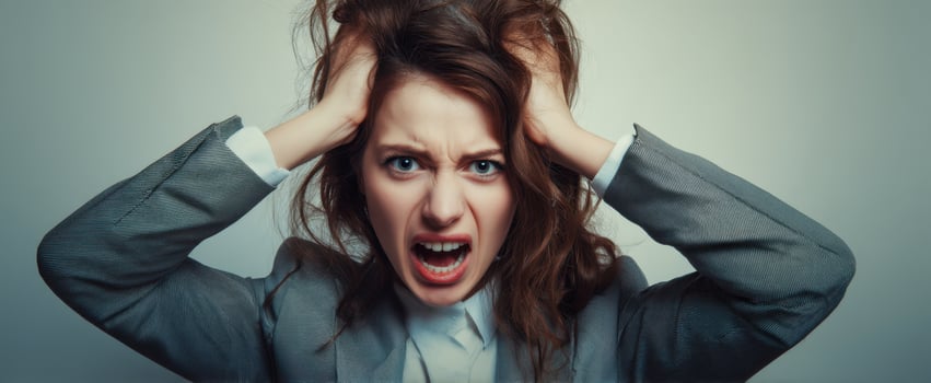 The woman expressing intense frustration and emotional turmoil in a business setting. photo
