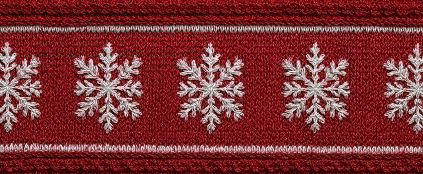 The intricate embroidery of snowflakes on a festive red background. photo