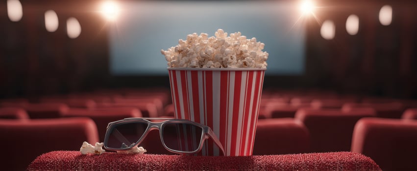 The popcorn bucket and glasses ready for an exciting movie experience. photo