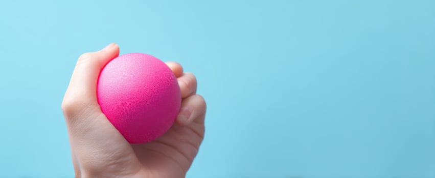 The hand gripping a pink ball against a vibrant blue background photo