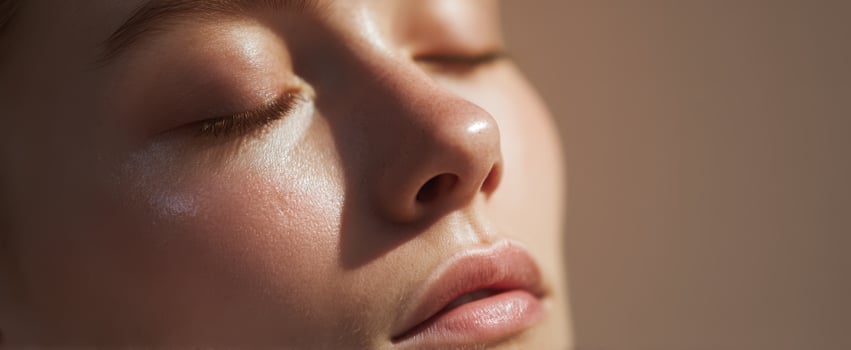 A woman with her eyes closed and her nose closed photo