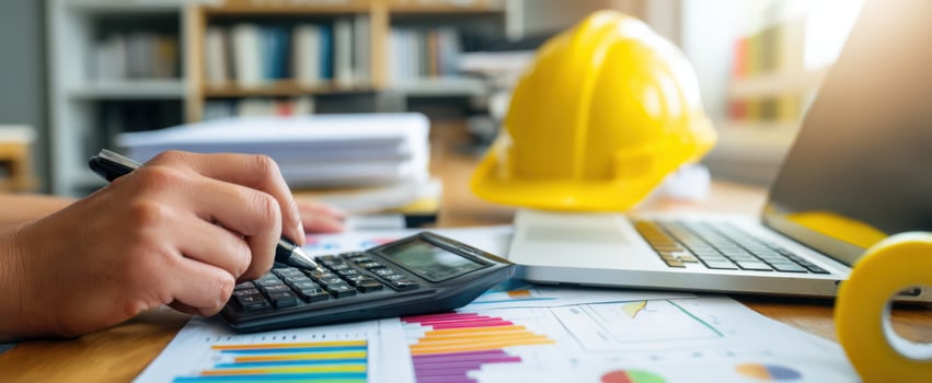 The calculator and laptop on a construction desk for project analysis photo