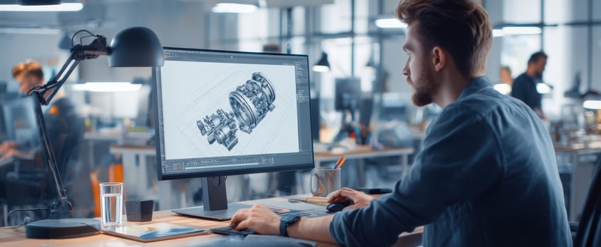 The engineer designing a detailed CAD illustration on a modern computer screen. photo