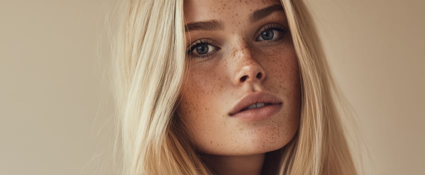 The captivating portrait of a young woman with beautiful freckles. photo