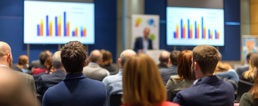 The attendees engaged in a business presentation about data analysis trends. photo