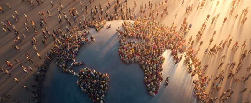 The globe surrounded by a diverse crowd celebrating togetherness and unity. photo