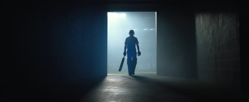 The cricket player emerges from the tunnel into the spotlight of the stadium. photo