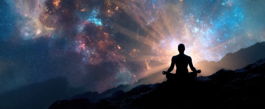 The silhouette of a meditator surrounded by a vibrant cosmic galaxy. photo