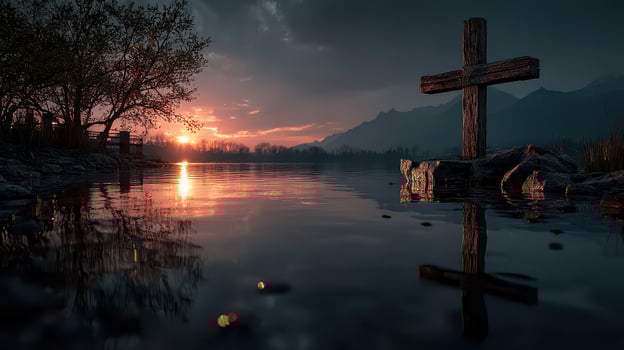 Sunset over calm lake with wooden cross and mountains in the background creating a serene atmosphere photo